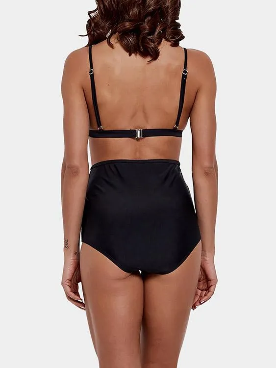 Wholesale Black V-Neck Sleeveless Embroidered Hollow Tie-Up High-Waisted Two Piece Bikinis