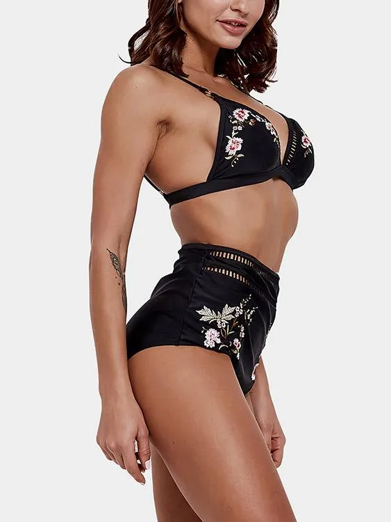 Wholesale Black V-Neck Sleeveless Embroidered Hollow Tie-Up High-Waisted Two Piece Bikinis