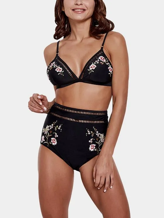 Wholesale Black V-Neck Sleeveless Embroidered Hollow Tie-Up High-Waisted Two Piece Bikinis