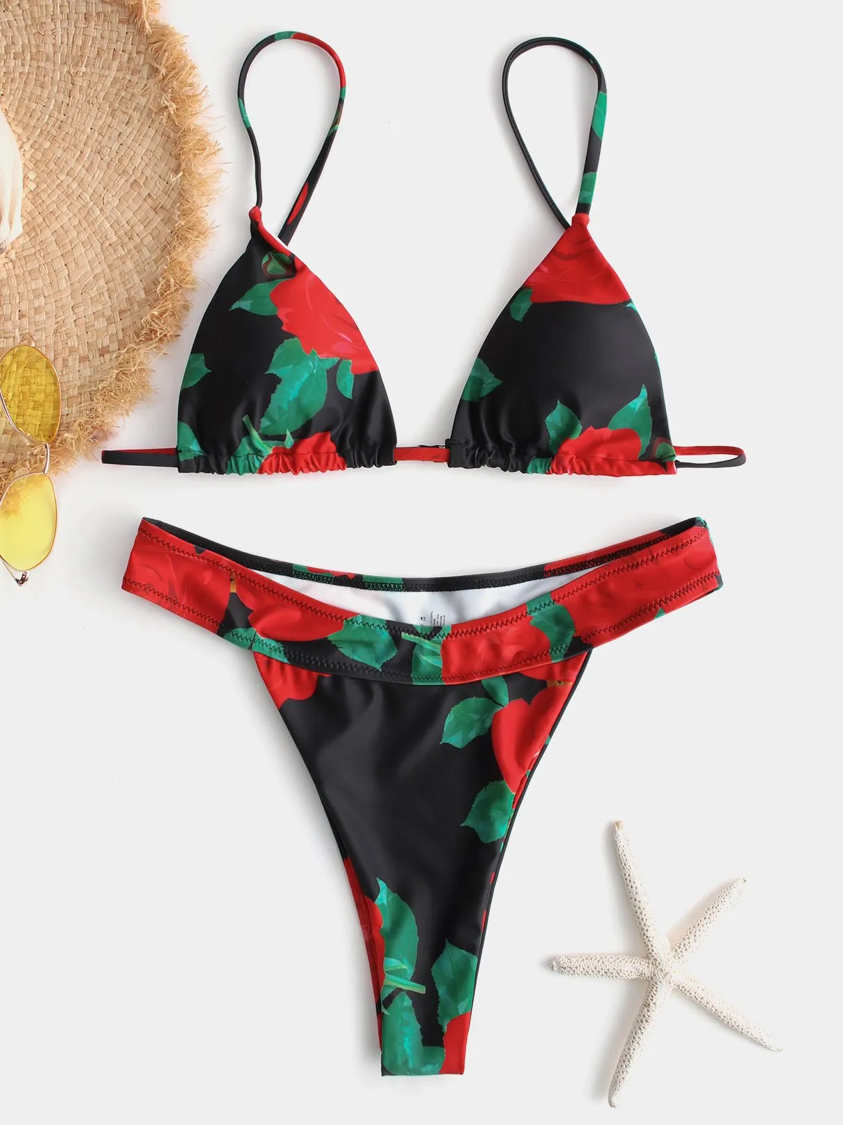 Wholesale Black V-Neck Sleeveless Floral Print Backless High-Waisted Bikinis
