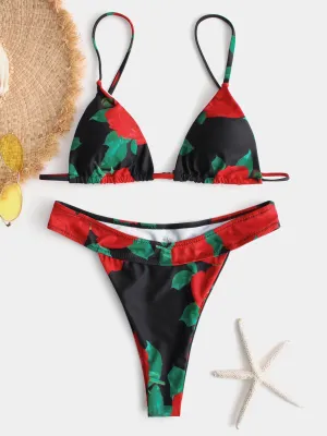 Wholesale Black V-Neck Sleeveless Floral Print Backless High-Waisted Bikinis