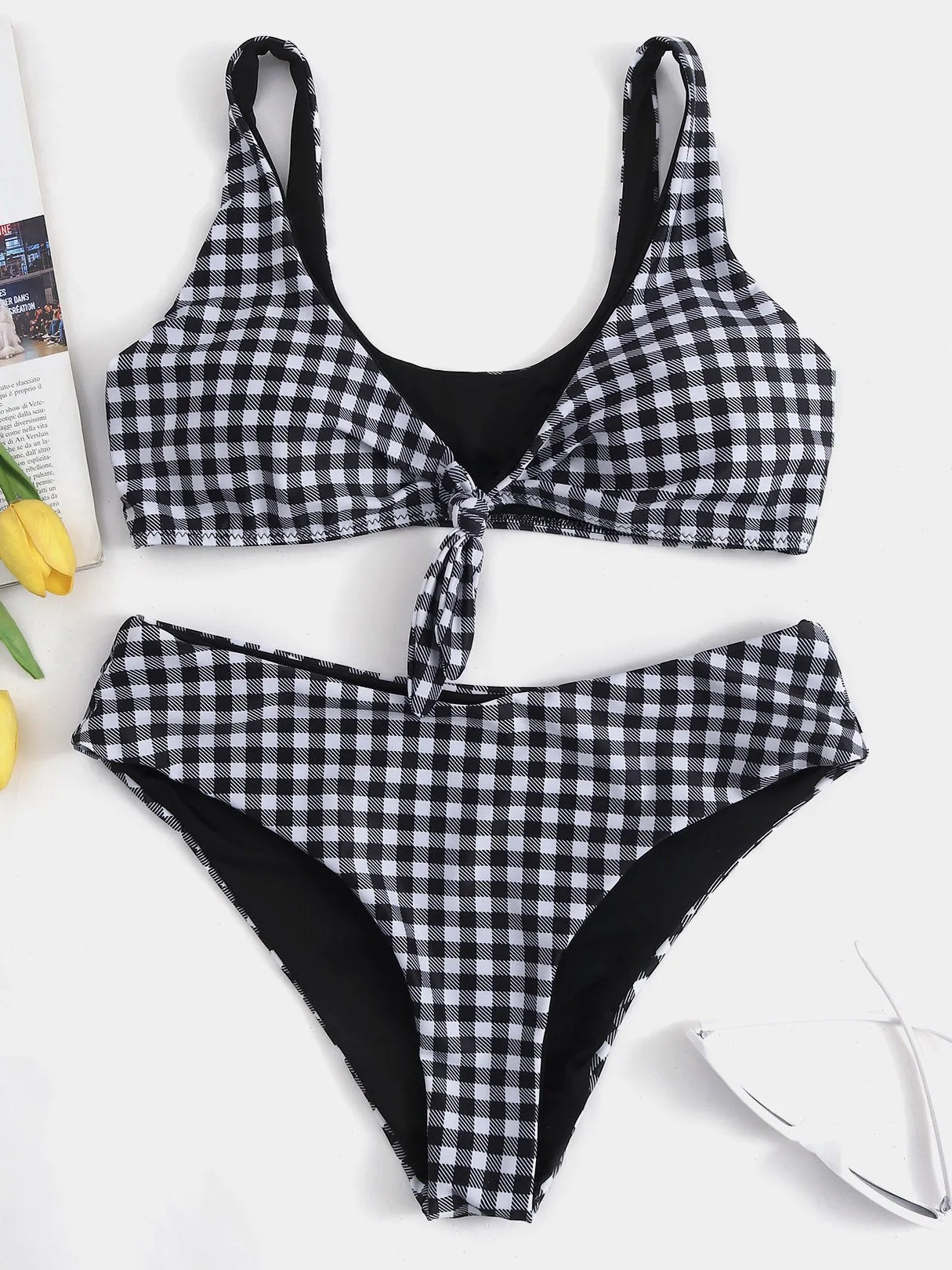 Wholesale Black V-Neck Sleeveless Grid High Waist 2 Piece Bikinis