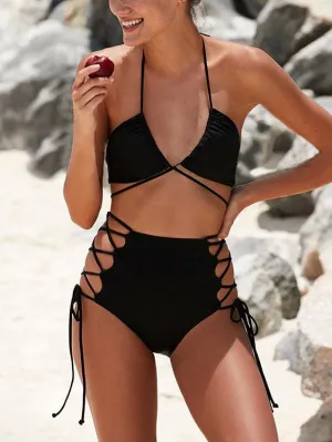 Wholesale Black V-Neck Sleeveless Lace-Up Cut Out Bikinis