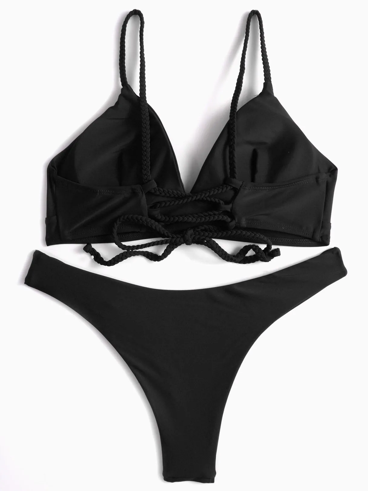 Wholesale Black V-Neck Sleeveless Plain Lace-Up Two Piece Bikinis