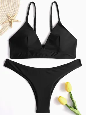 Wholesale Black V-Neck Sleeveless Plain Lace-Up Two Piece Bikinis