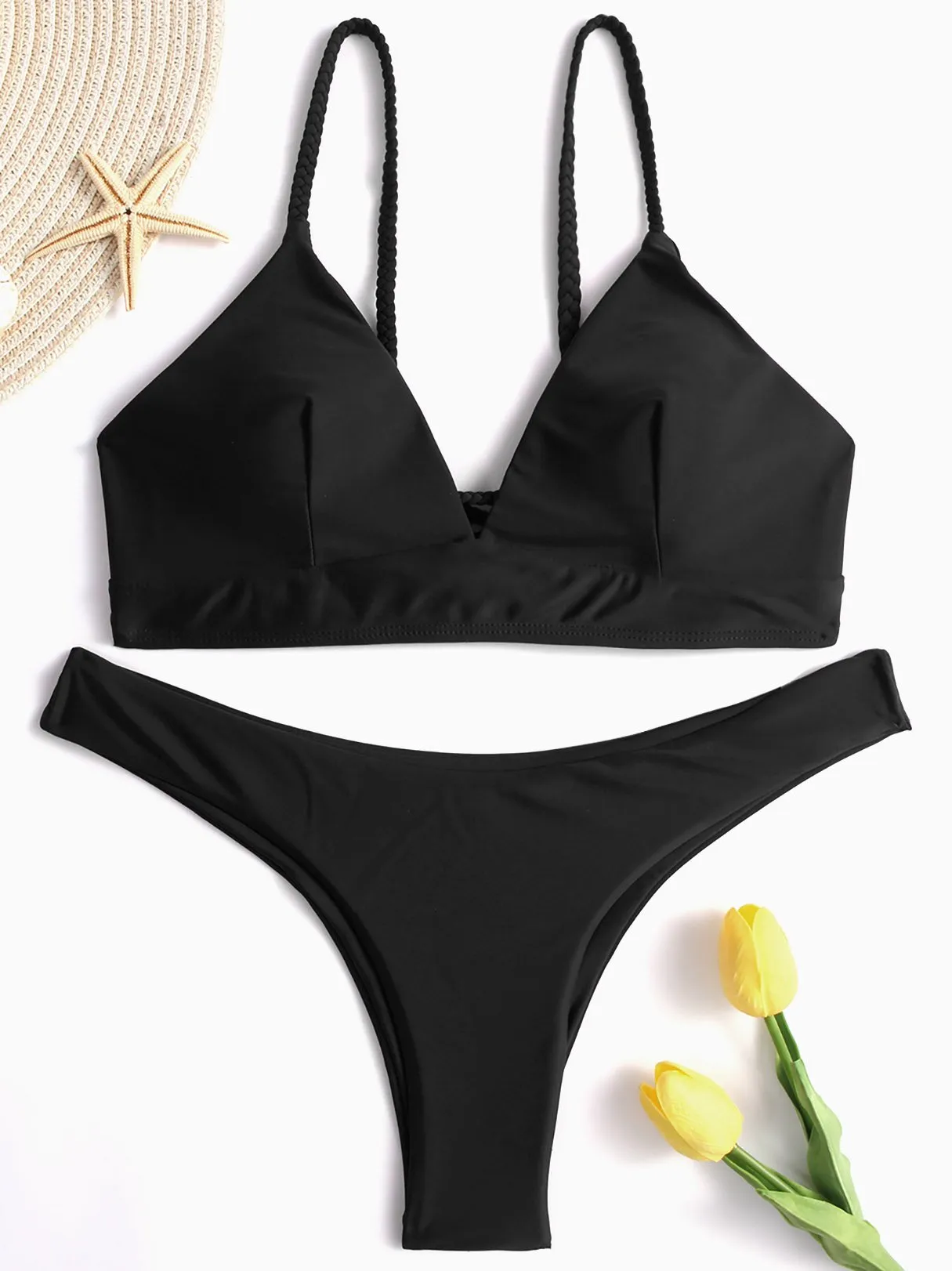Wholesale Black V-Neck Sleeveless Plain Lace-Up Two Piece Bikinis