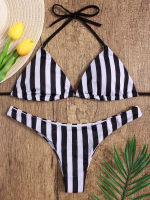 Wholesale Black V-Neck Sleeveless Stripe Bodycon Two Piece Bikinis