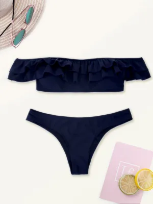Wholesale Blue One Shoulder Short Sleeve Plain Two Piece Bikinis
