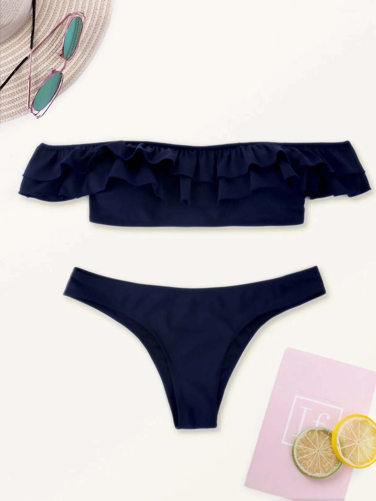 Wholesale Blue One Shoulder Short Sleeve Plain Two Piece Bikinis