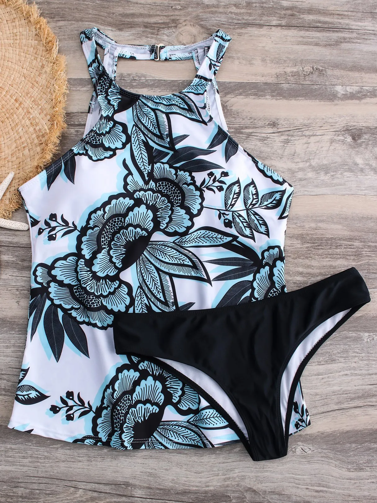 Wholesale Blue Round Neck Halter Floral Print Backless Tankinis
