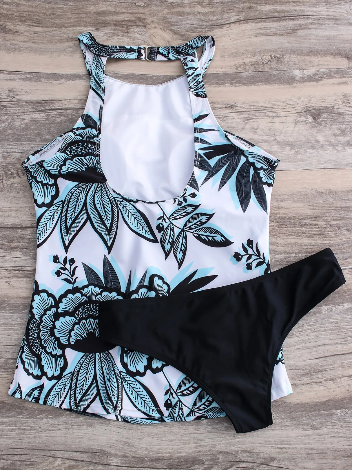 Wholesale Blue Round Neck Halter Floral Print Backless Tankinis