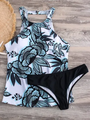 Wholesale Blue Round Neck Halter Floral Print Backless Tankinis