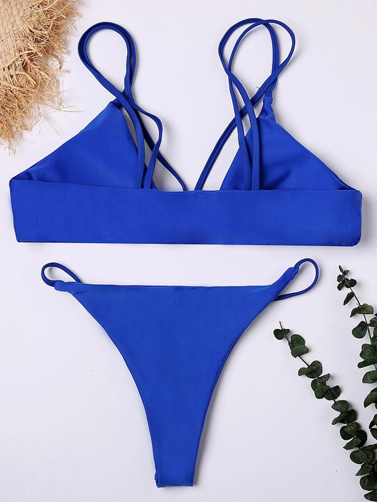 Wholesale Blue V-Neck Sleeveless Plain Bodycon Two Piece Bikini