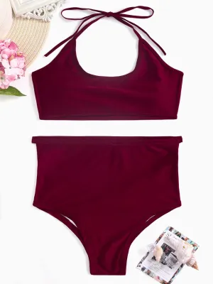Wholesale Burgundy Scoop Neck Sleeveless Backless Hollow Cut Out Bodycon Two Piece Bikinis