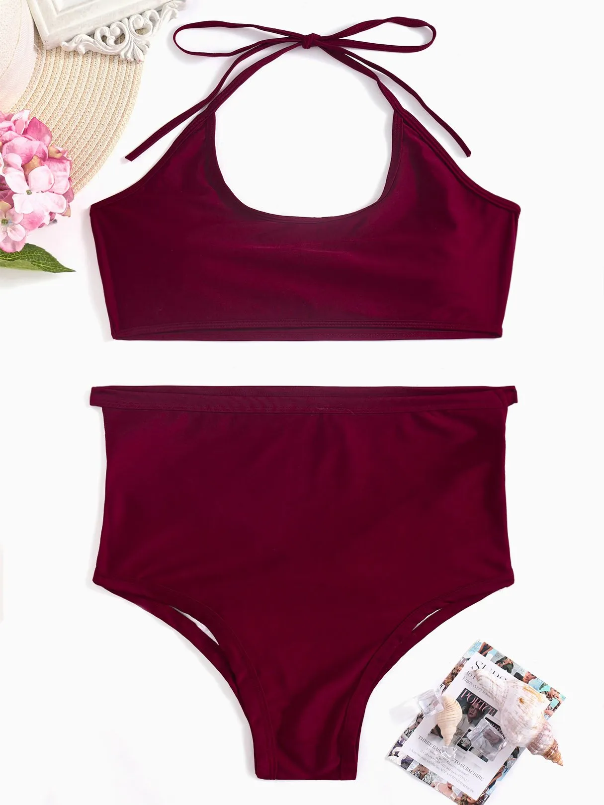 Wholesale Burgundy Scoop Neck Sleeveless Backless Hollow Cut Out Bodycon Two Piece Bikinis
