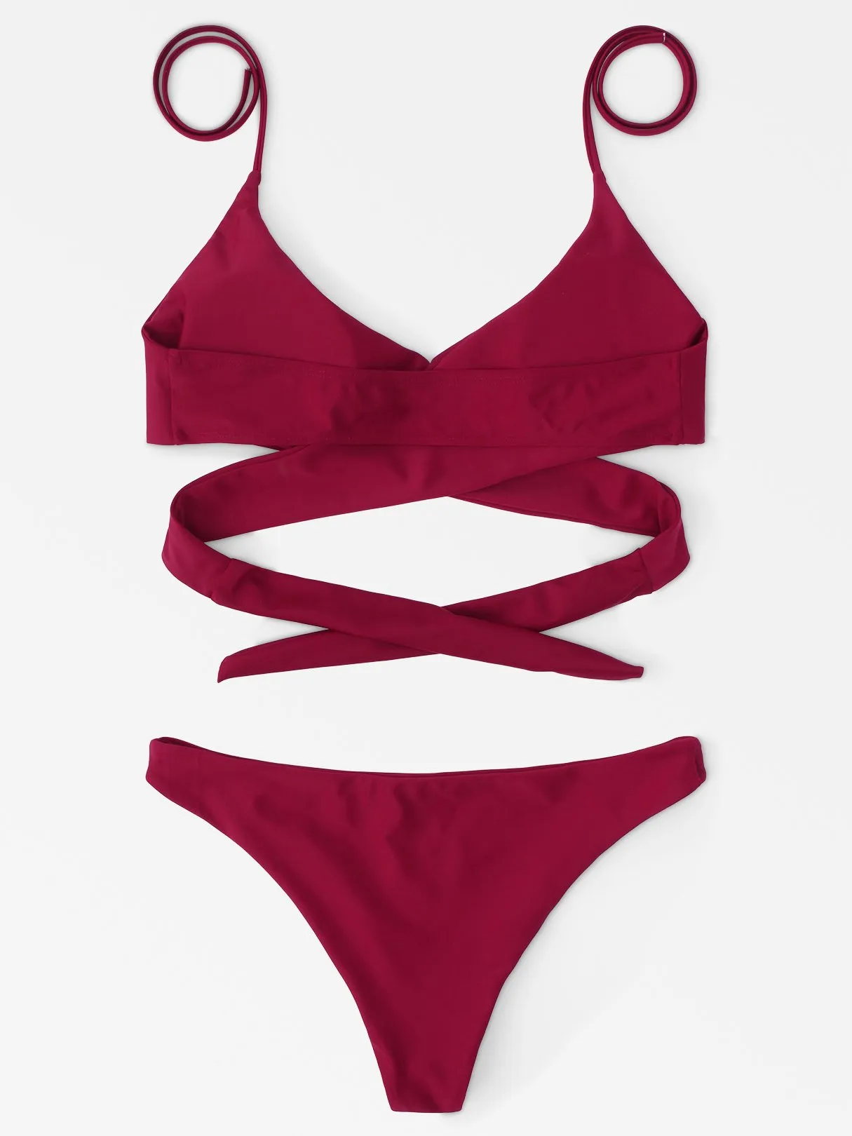 Wholesale Burgundy V-Neck Sleeveless Crossed Front Backless Lace-Up Partially Lined Tie-Up Bodycon Two Piece Bikinis