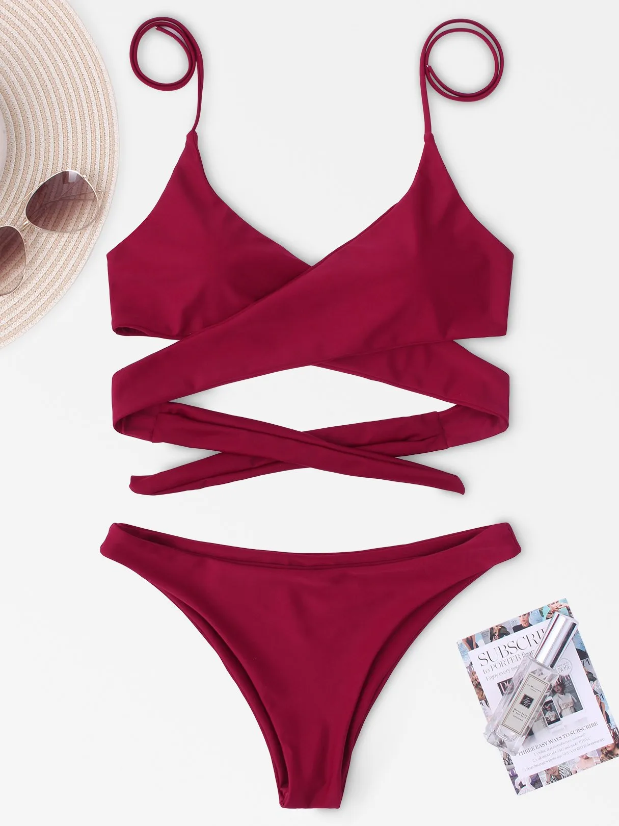 Wholesale Burgundy V-Neck Sleeveless Crossed Front Backless Lace-Up Partially Lined Tie-Up Bodycon Two Piece Bikinis