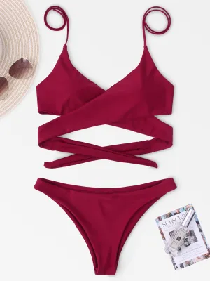 Wholesale Burgundy V-Neck Sleeveless Crossed Front Backless Lace-Up Partially Lined Tie-Up Bodycon Two Piece Bikinis