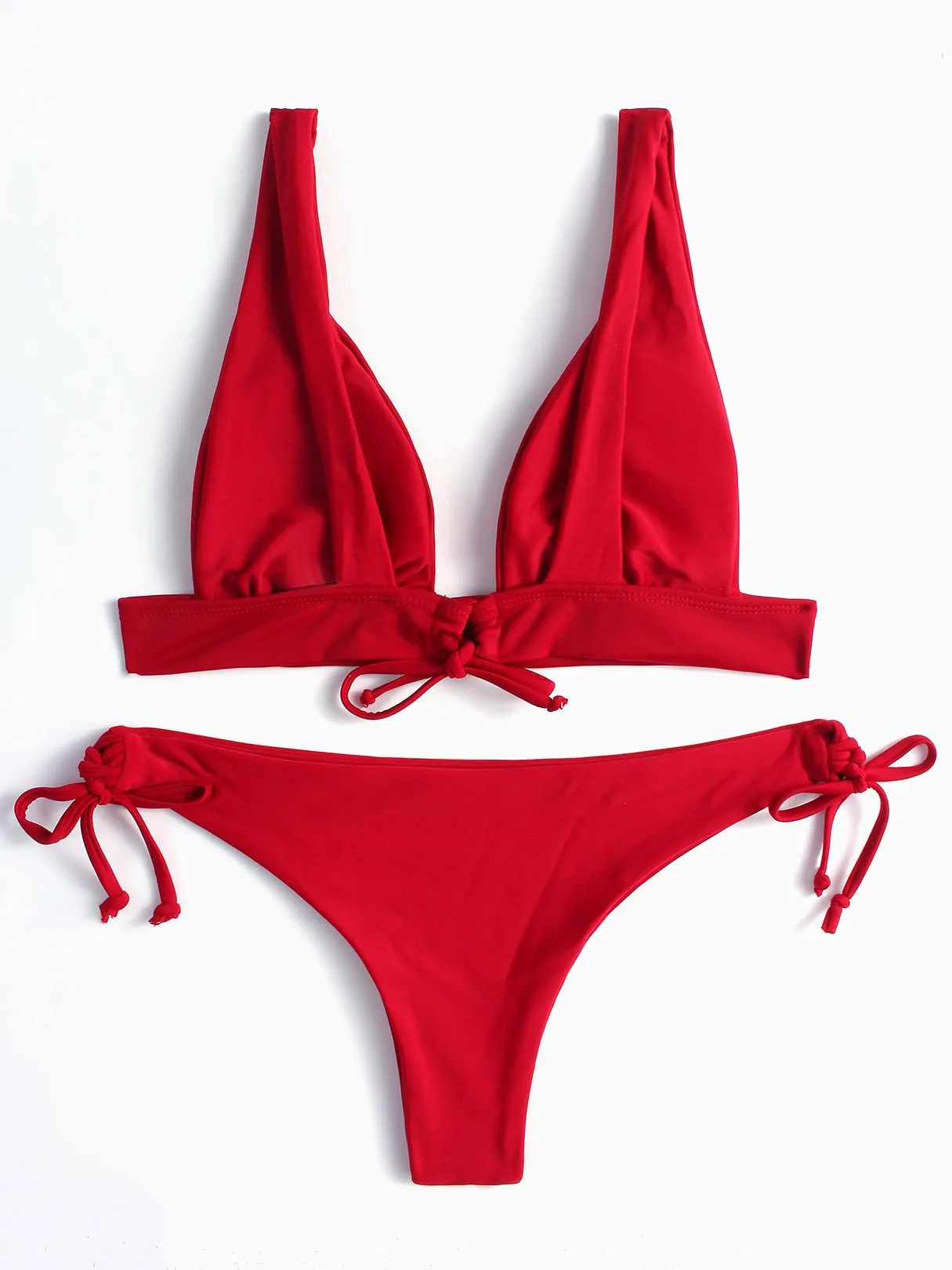 Wholesale Burgundy V-Neck Sleeveless Plain Lace-Up High-Waisted 2 Piece Bikinis