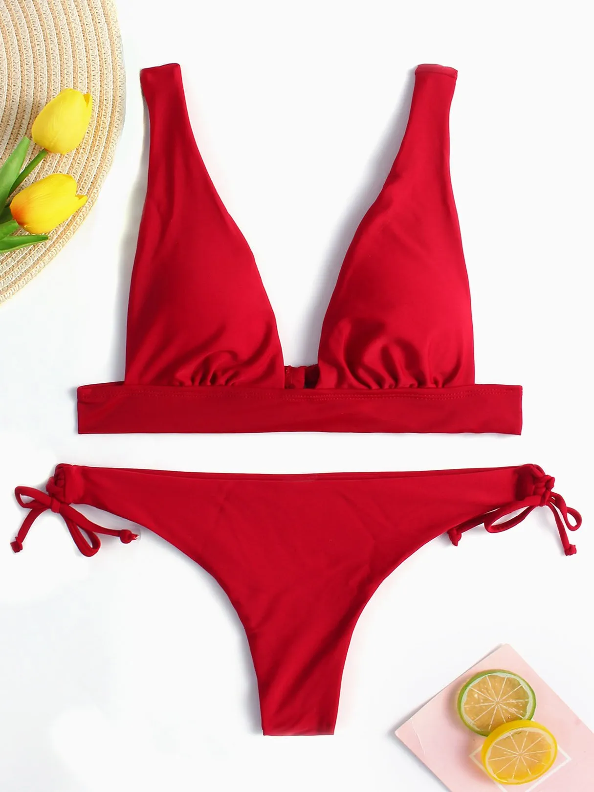 Wholesale Burgundy V-Neck Sleeveless Plain Lace-Up High-Waisted 2 Piece Bikinis