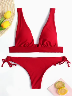 Wholesale Burgundy V-Neck Sleeveless Plain Lace-Up High-Waisted 2 Piece Bikinis