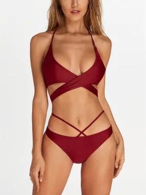 Wholesale Burgundy V-Neck Sleeveless Plain Tie-Up Bikinis
