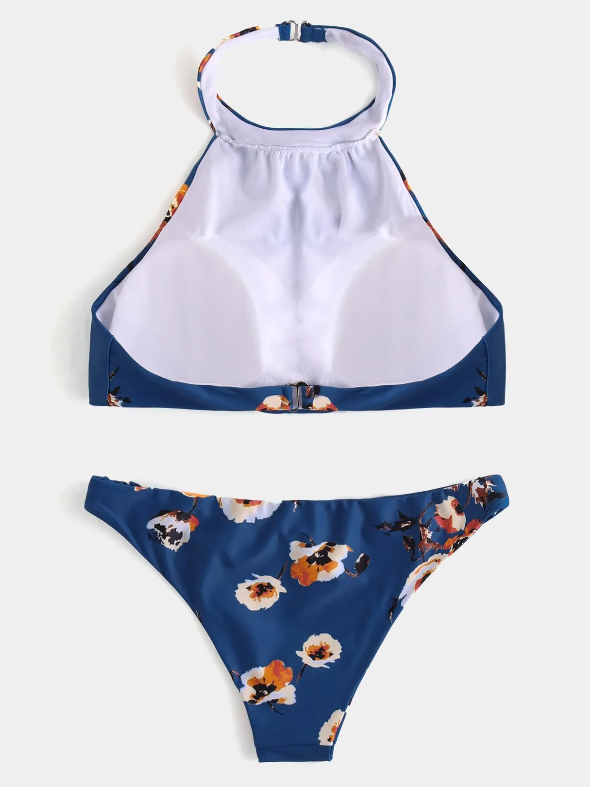Wholesale Choker Neck Floral Print Backless Sleeveless Dark Blue Bikinis