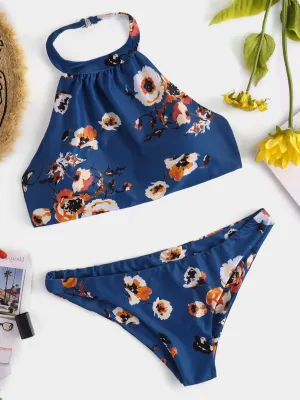 Wholesale Choker Neck Floral Print Backless Sleeveless Dark Blue Bikinis