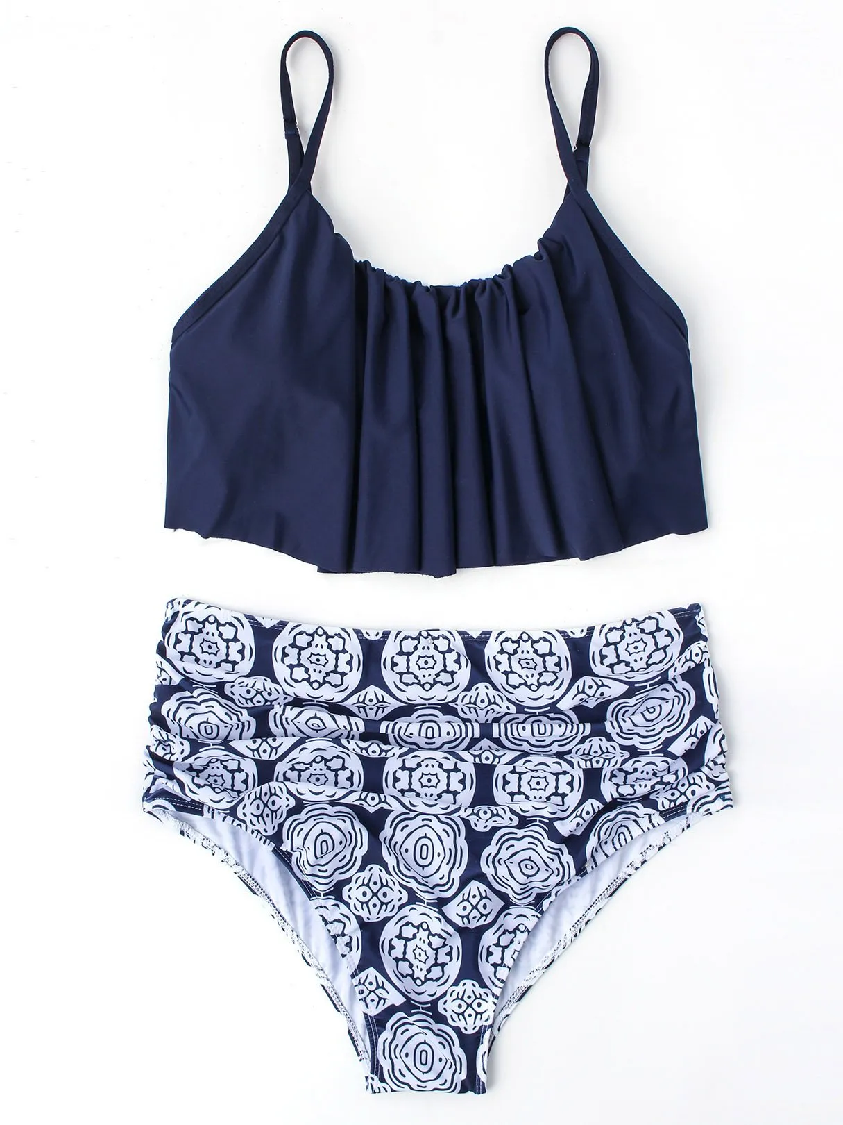Wholesale Dark Blue Sleeveless Printed Ruffle Hem Two Piece Bikini