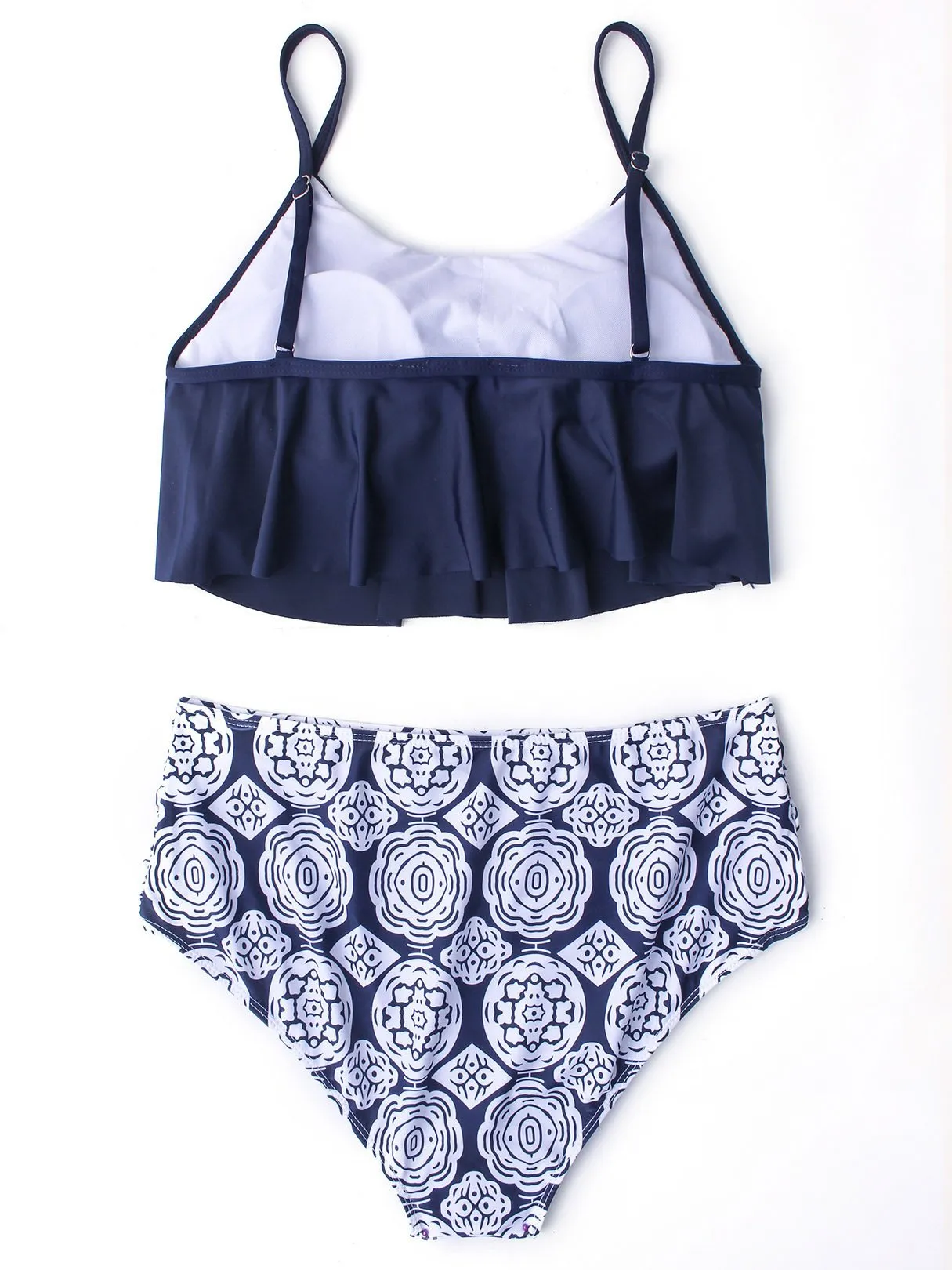 Wholesale Dark Blue Sleeveless Printed Ruffle Hem Two Piece Bikini