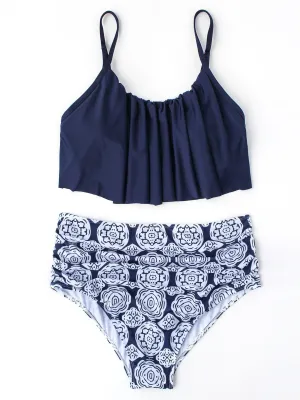 Wholesale Dark Blue Sleeveless Printed Ruffle Hem Two Piece Bikini