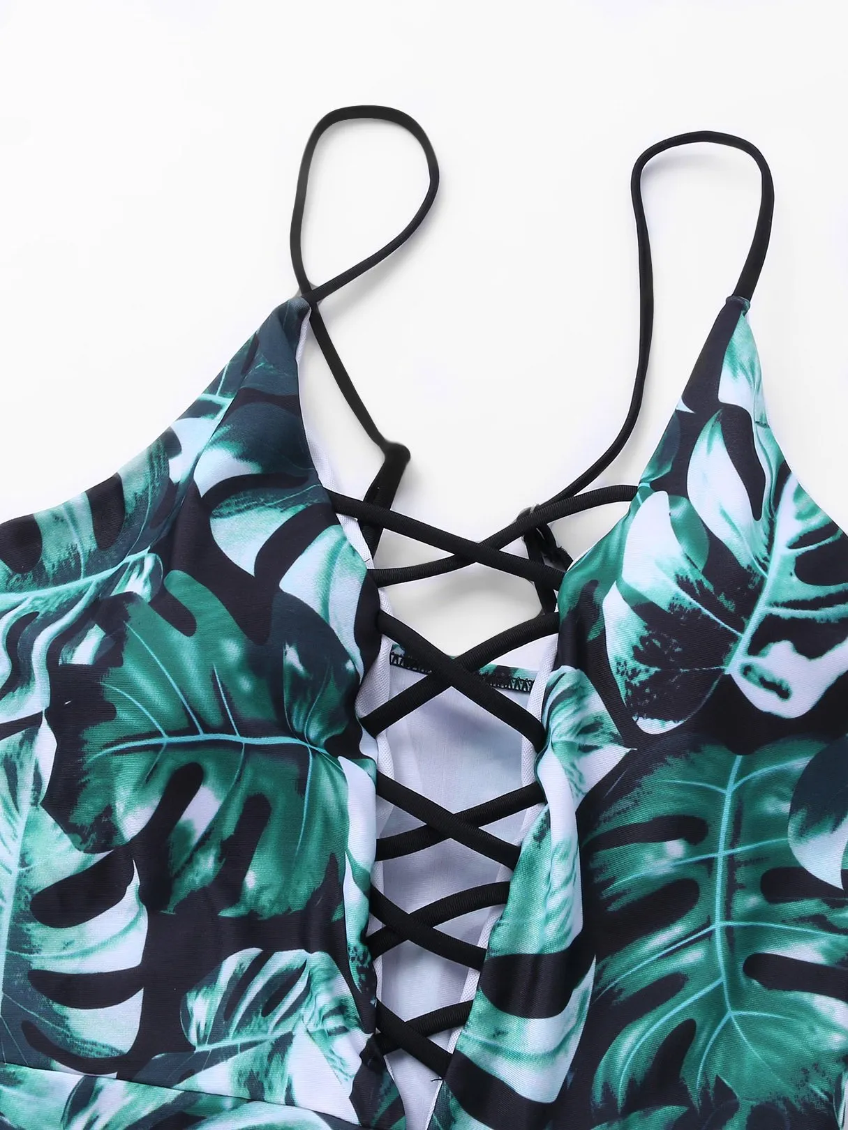 Wholesale Deep V Neck Floral Print Lace-Up Criss-Cross Sleeveless Green Bikinis