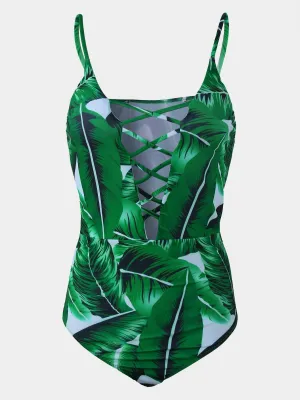 Wholesale Deep V Neck Floral Print Lace-Up Criss-Cross Sleeveless Green Bikinis