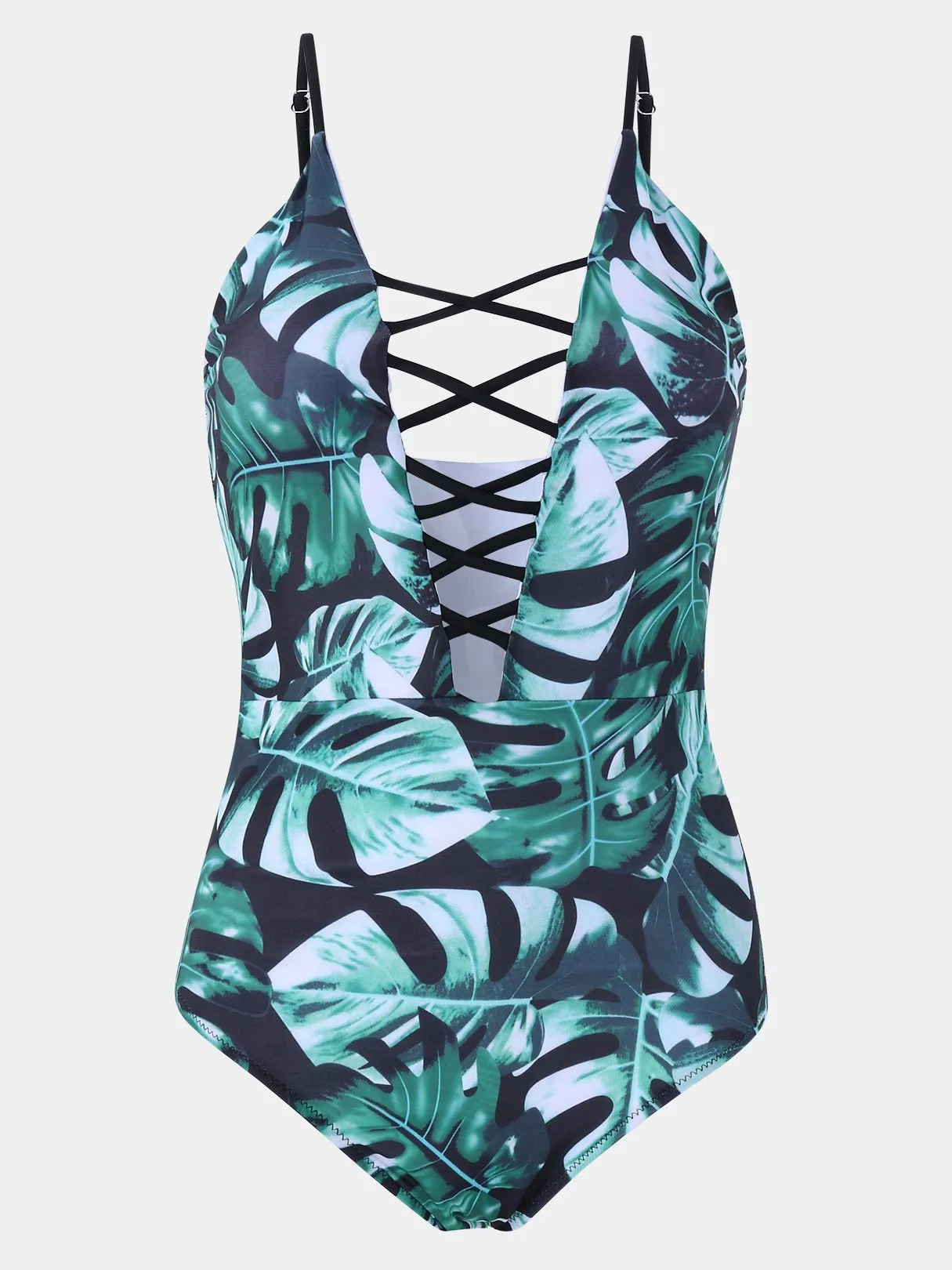 Wholesale Deep V Neck Floral Print Lace-Up Criss-Cross Sleeveless Green Bikinis