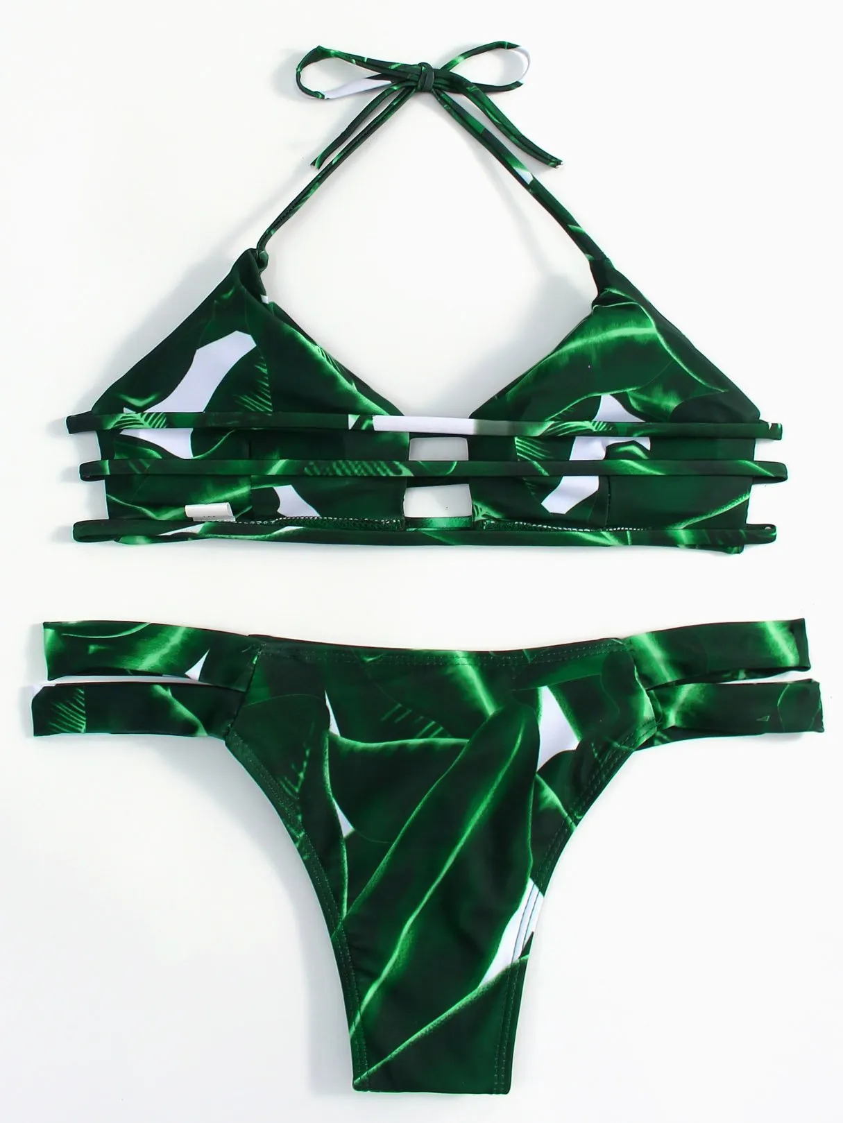 Wholesale Green Halter Sleeveless Printed Cut Out Tie-Up Bikinis