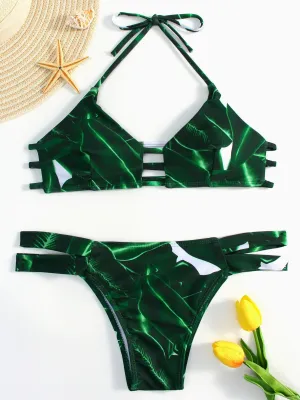 Wholesale Green Halter Sleeveless Printed Cut Out Tie-Up Bikinis