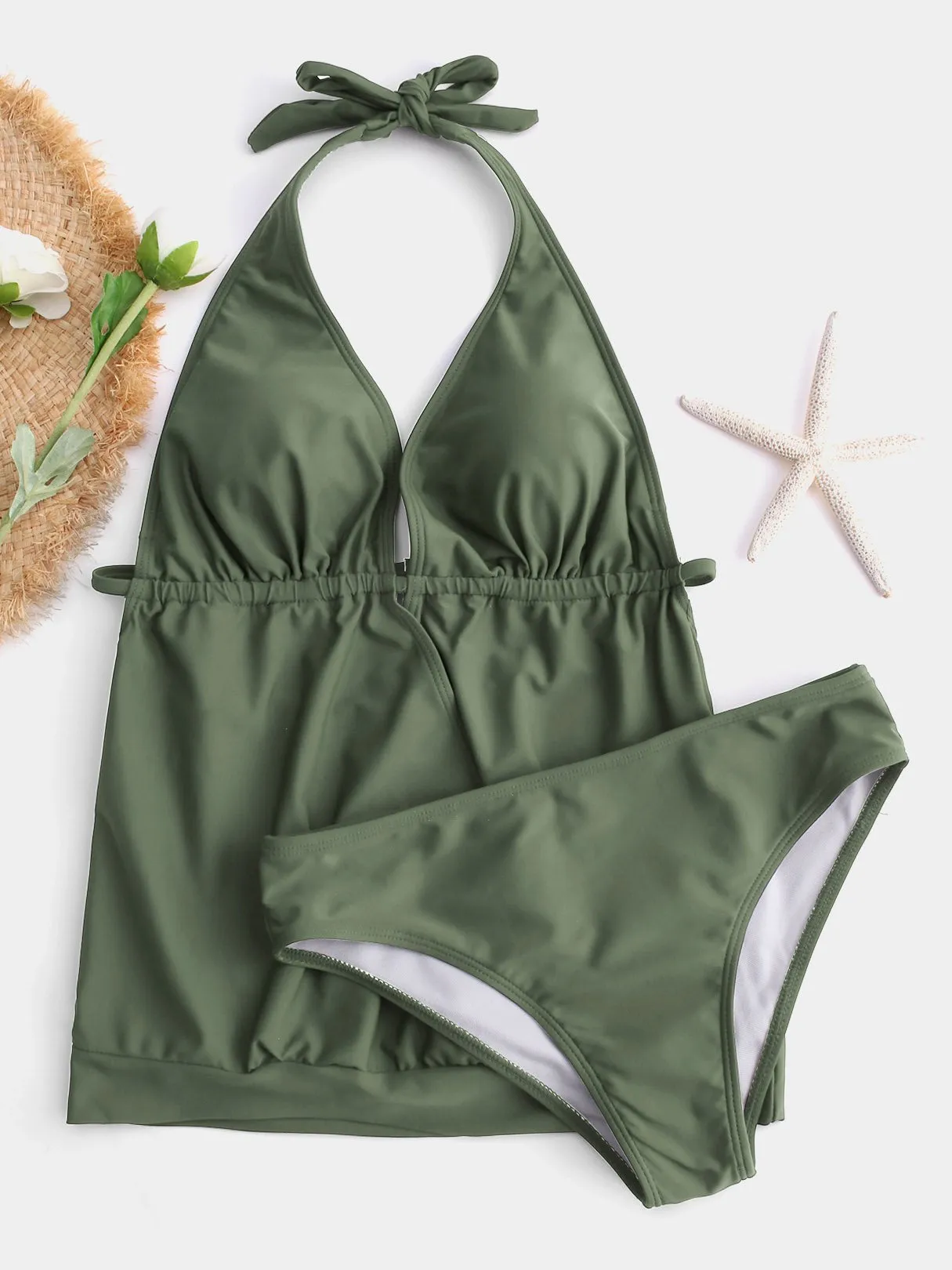 Wholesale Green Halter V-Neck Plain Crossed Front Tie-Up Tankinis