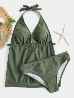 Wholesale Green Halter V-Neck Plain Crossed Front Tie-Up Tankinis