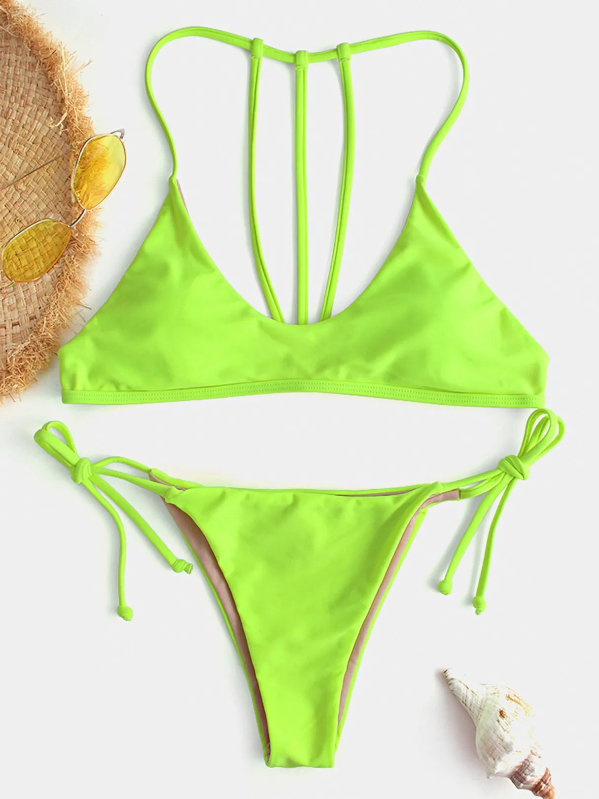 Wholesale Green Scoop Neck Sleeveless Backless Tie-Up Bikinis