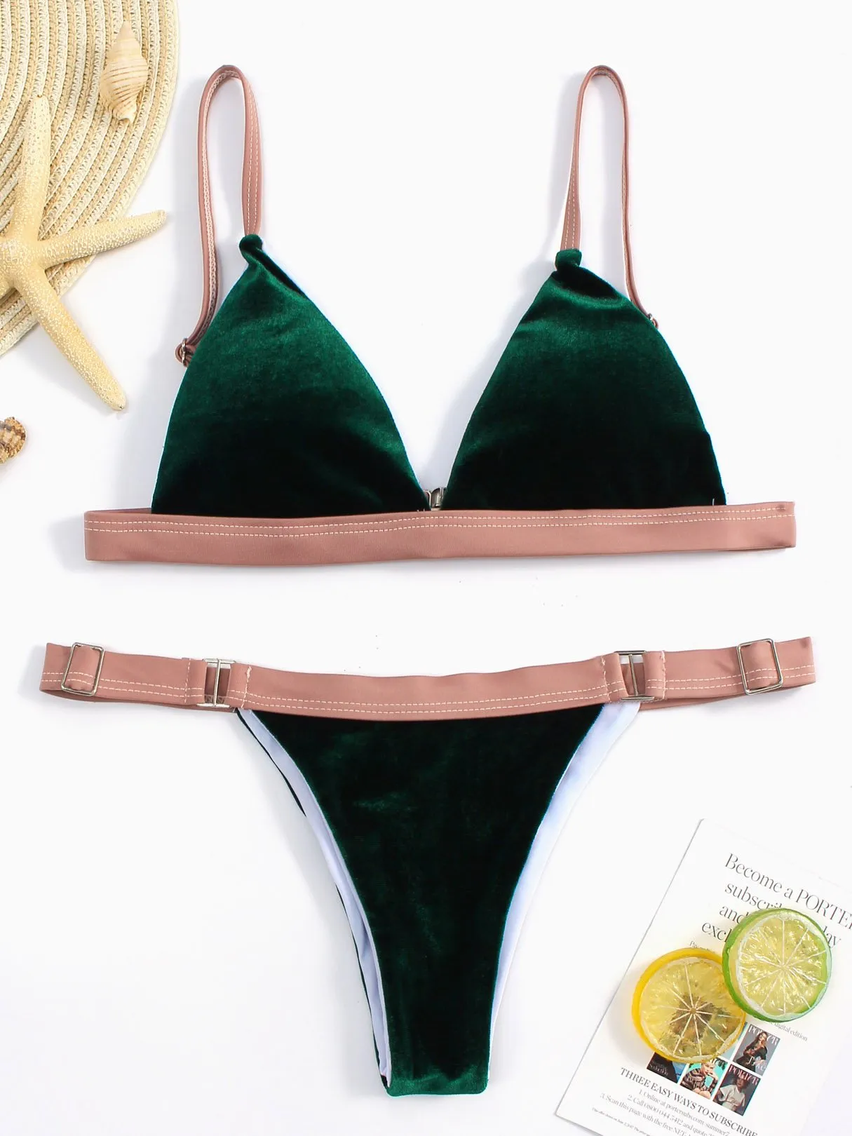 Wholesale Green Sleeveless Plain Spaghetti Strap Two Piece Bikinis