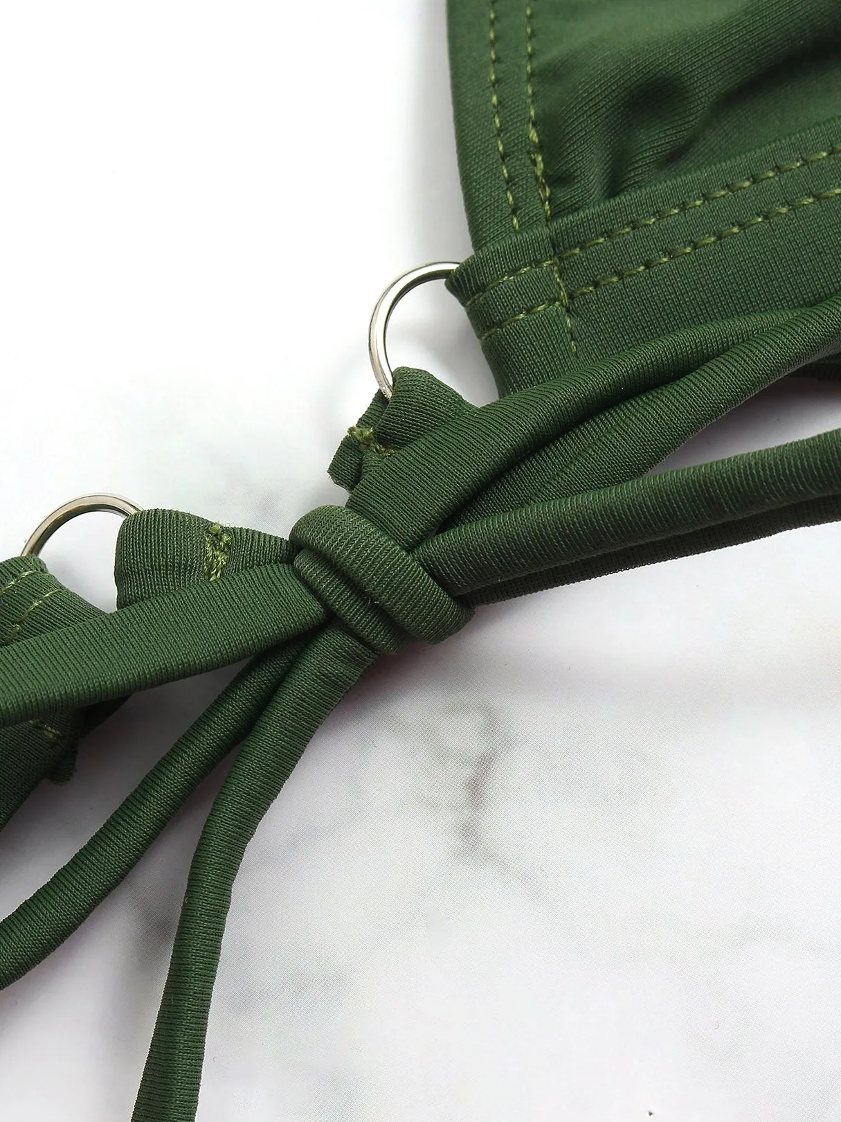 Wholesale Green V-Neck Plain Tie-Up High-Waisted Two Piece Bikinis