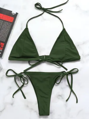 Wholesale Green V-Neck Plain Tie-Up High-Waisted Two Piece Bikinis
