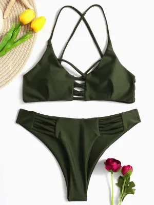 Wholesale Green V-Neck Sleeveless Criss-Cross Two Piece Bikinis