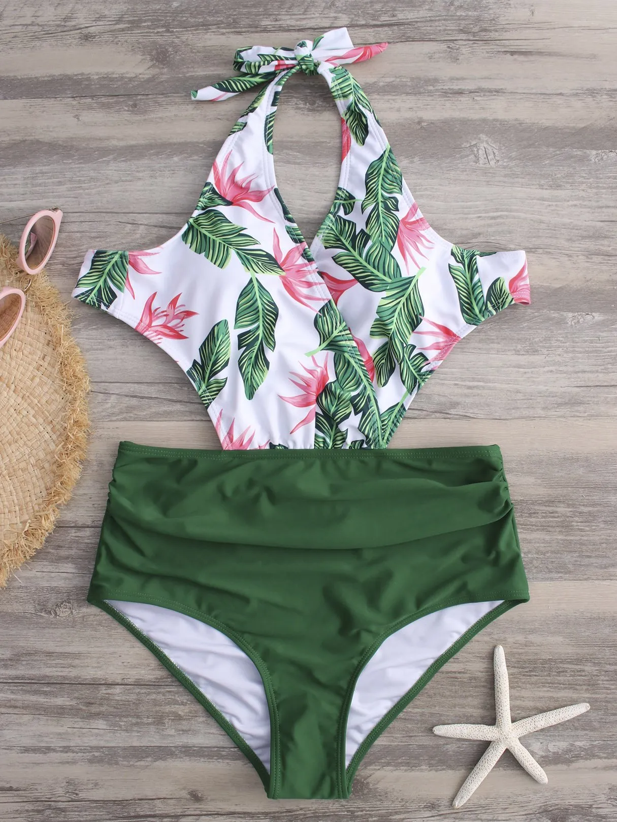 Wholesale Green V-Neck Sleeveless Floral Print Crossed Front Backless Cut Out Tie-Up High Waist 2 Piece Bikinis