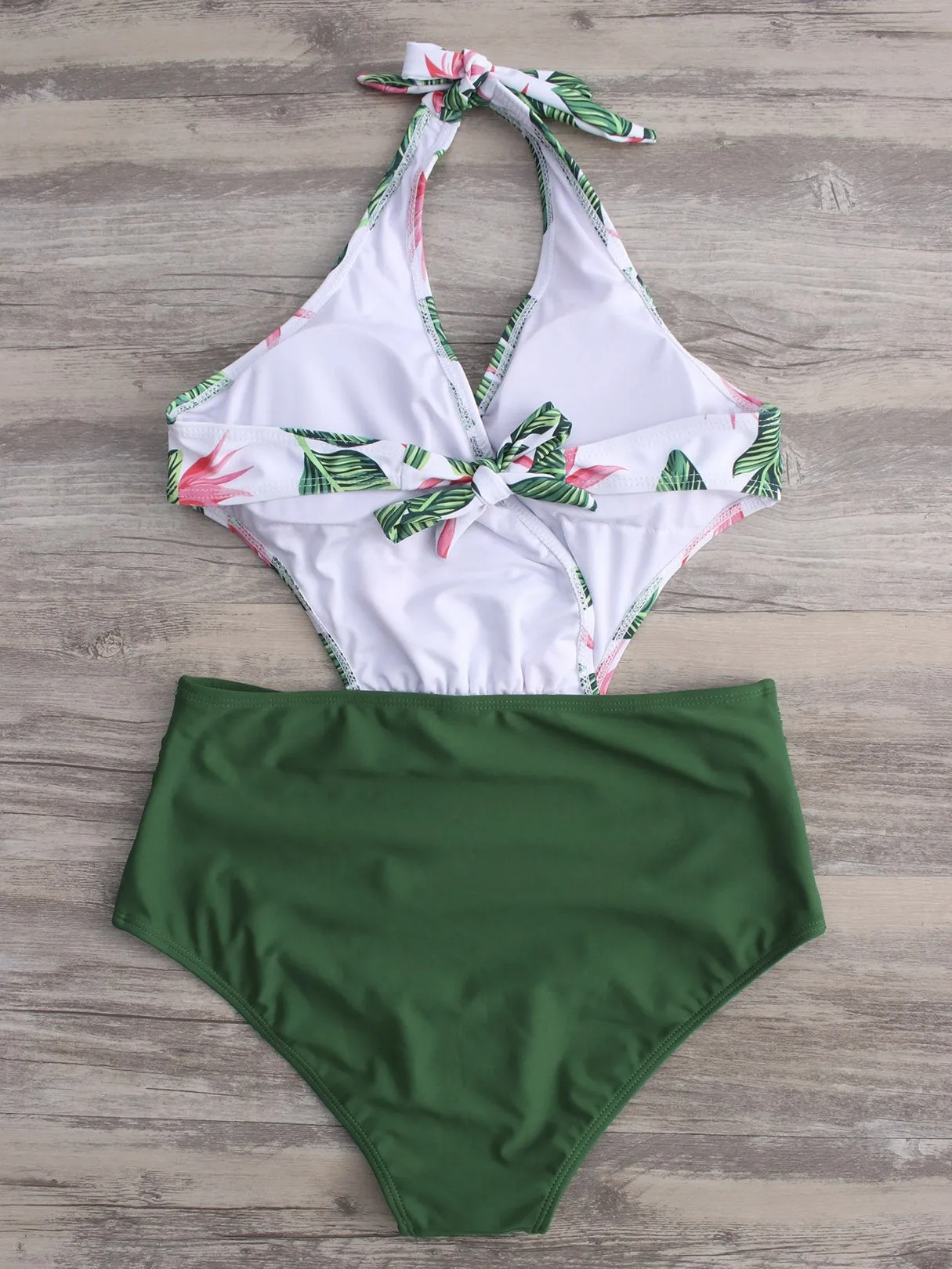 Wholesale Green V-Neck Sleeveless Floral Print Crossed Front Backless Cut Out Tie-Up High Waist 2 Piece Bikinis