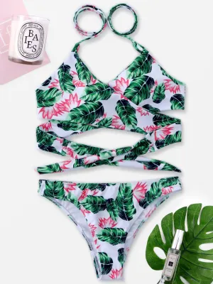Wholesale Green V-Neck Sleeveless Printed Crossed Front Lace-Up Two Piece Bikinis