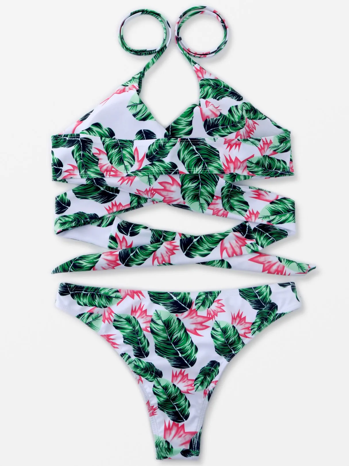 Wholesale Green V-Neck Sleeveless Printed Crossed Front Lace-Up Two Piece Bikinis