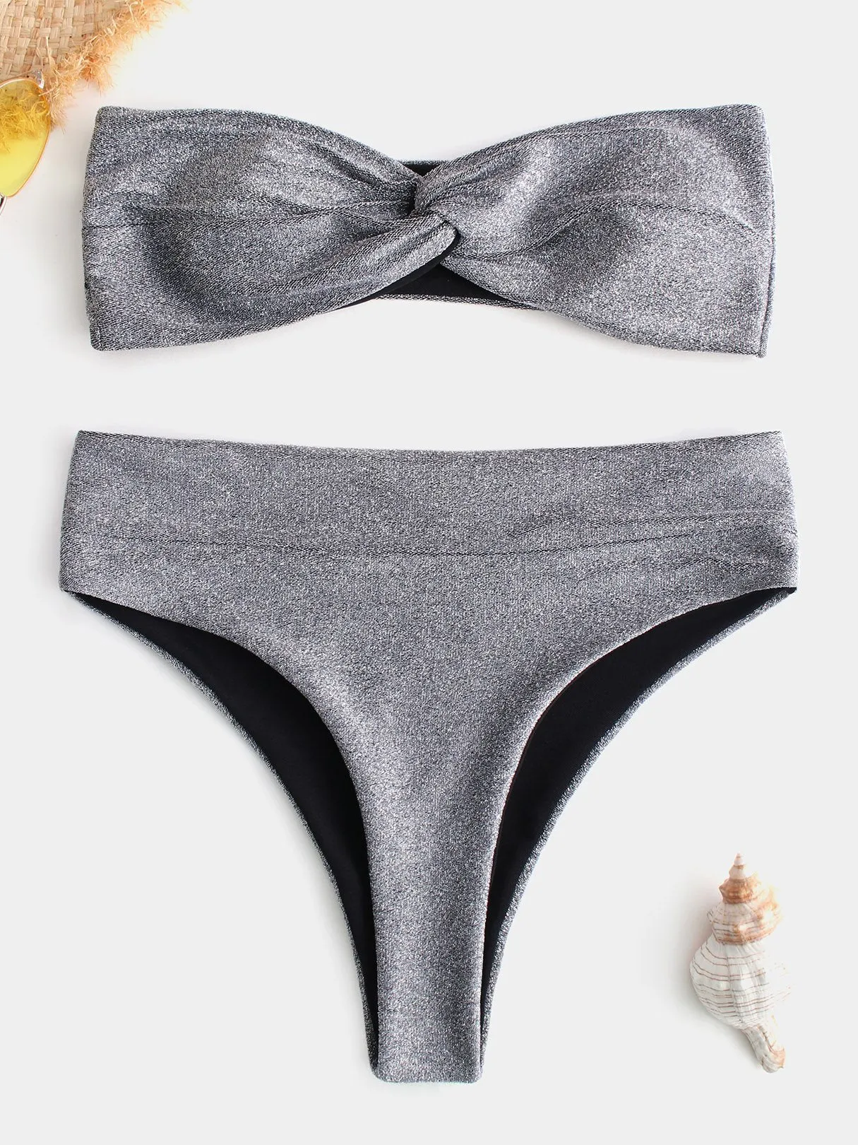 Wholesale Grey Bateau Sleeveless Plain Crossed Front Twist Bikini Set Swimwear