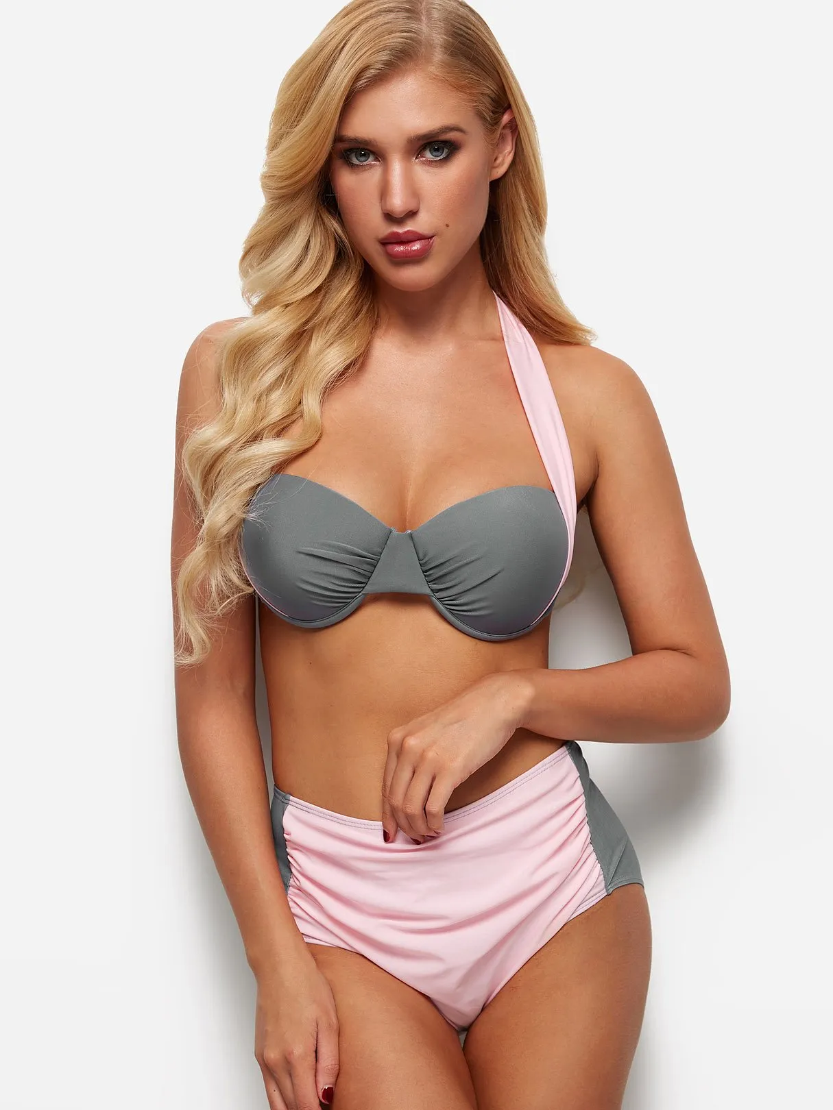 Wholesale Grey Halter Sleeveless Backless Pleated Tie-Up High Waist Two Piece Bikinis