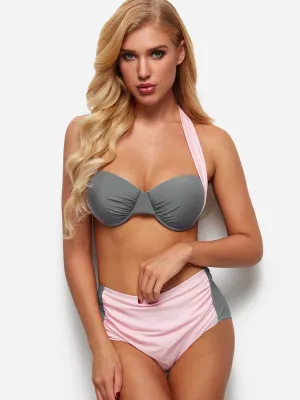 Wholesale Grey Halter Sleeveless Backless Pleated Tie-Up High Waist Two Piece Bikinis